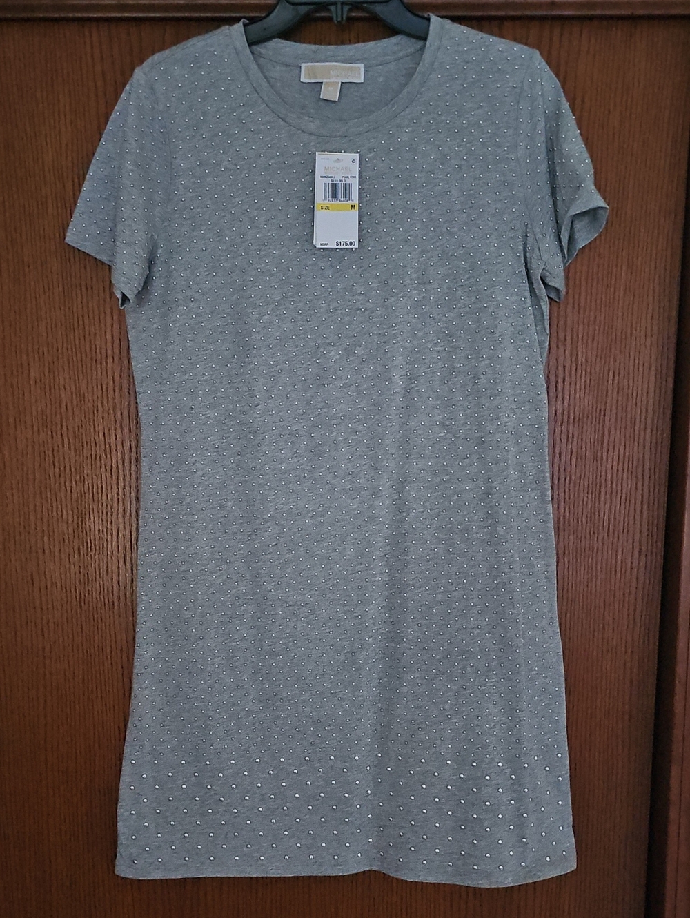 Studded Short-Sleeve Crewneck Dress  - Gray